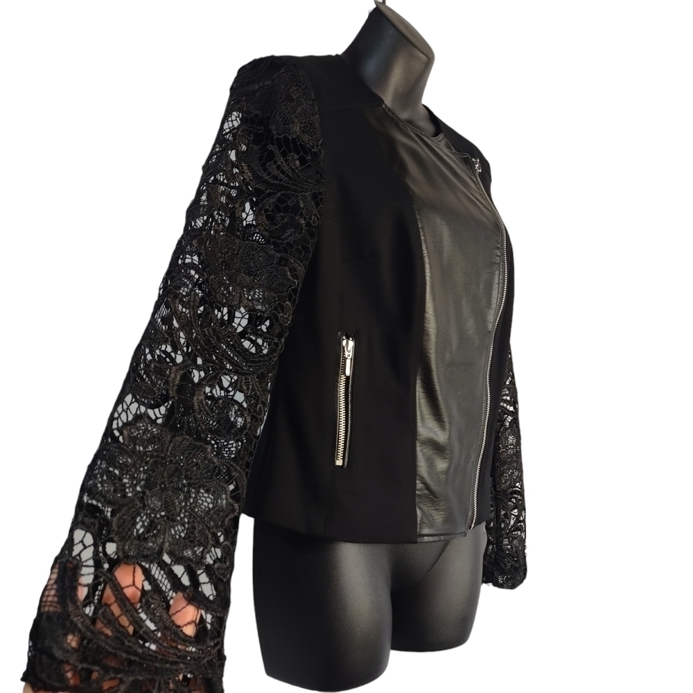 International Concepts Women's Black Faux Leather Long Lace Sleeve Jacket Sz S - Picture 6 of 12